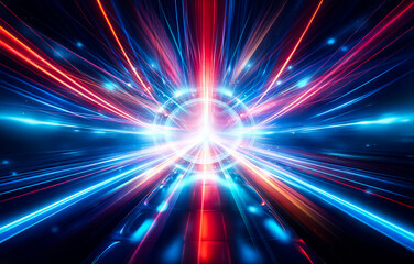 Poster - Abstract background with bright, colorful streaks of light radiating outwards from the center, creating an illusion of speed and movement.