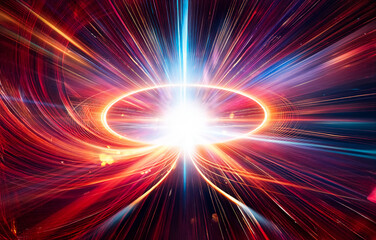 Poster - Abstract motion blur background with bright streaks of light in red, yellow, blue, and purple, radiating from the center of the frame.