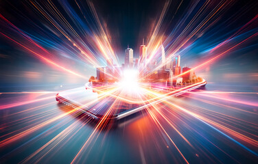 Fototapete - Abstract  lines of blue, red, and orange light converge on a black background.