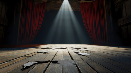 Wall Mural - empty stage in abandoned theater with cracked wooden floor and red curtains. beam of light highlights desolate atmosphere, evoking sense of nostalgia and mystery