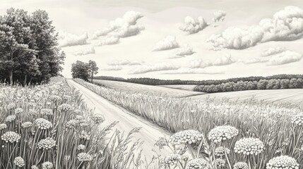 Canvas Print - Fields of Queen Anne's lace bordering a quiet country road, illustrated with fine hand-drawn details