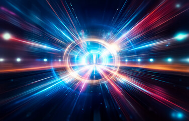 Poster - Abstract background with blurred lights and streaks of color creating a sense of speed and motion.