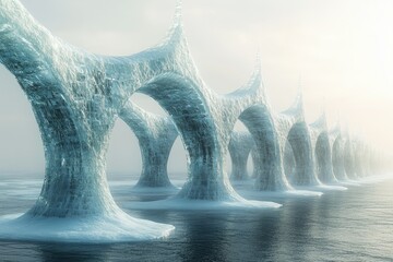 Fototapete - A surreal icy bridge structure arches over a calm sea, creating a breathtaking, otherworldly landscape.