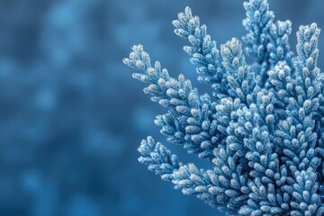 Poster - Frost-covered evergreen branch, delicate icy texture, serene winter scene.