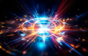 Poster - Abstract background with radiating lines of blue, orange, and red light.