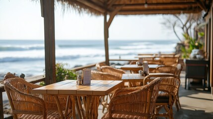 Canvas Print - A cozy seaside café with wicker chairs, rustic wooden tables, and a view of the waves.