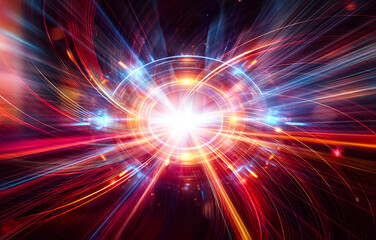 Poster - Abstract light streaks in shades of blue, red, and orange create a dynamic, fast-moving effect.