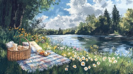 Canvas Print - Wildflowers dotting a riverside picnic scene with a cozy blanket and basket, soft hand-drawing