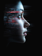 Digital Consciousness: A young woman's profile is overlaid with streaks of vibrant binary code, creating a striking visual metaphor for the merging of humanity and technology.