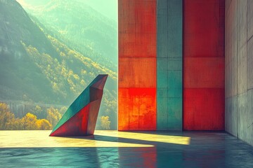 Leinwandbilder - Abstract sculpture stands against vibrant colored walls with a mountain backdrop, bathed in sunlight.