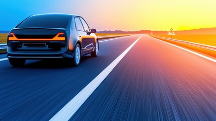 Wall Mural - Modern Car Driving on Open Road at Sunset with Vibrant Colors