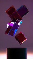 Wall Mural - glass cubes levitating, rotating dynamically over black pedestal with color gradient, highlighting g