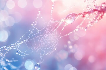 Poster - Dewdrops adorn a delicate spiderweb, creating a magical, pastel-hued scene.