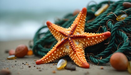 Orange starfish on sandy beach with fishing net and seashells