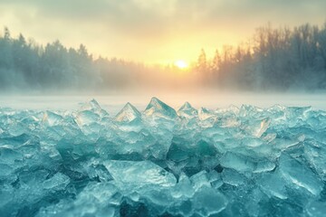 Poster - Sunrise over a frozen lake, glistening ice crystals reflecting the warm light, creating a serene winter landscape.