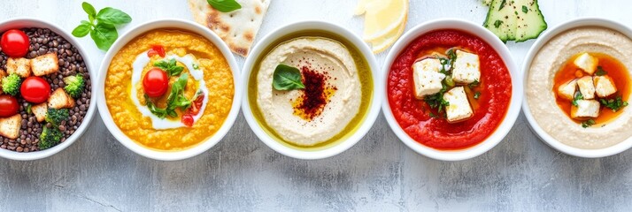 Wall Mural - Assortment of Vegan Dips. Lentil Soup, Hummus, Tomato Salsa in Bowls. Healthy Food, Party Snacks