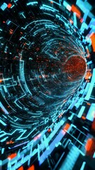 Wall Mural - luminous digital tunnel pulsing with electric blue, orange hues streaming through interconnected tec