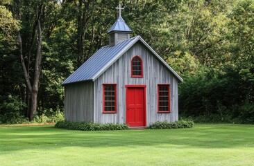 Wall Mural - Small gray chapel with a red door and blue roof, exterior view, green grass lawn in front of the building, trees on one side of it