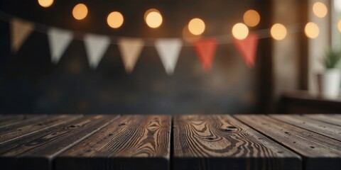 Poster - Rustic Wooden Tabletop Display with Blurred Festive Background of String Lights and Bunting Flags Perfect for Product Placement or Mockups
