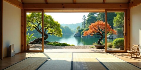 Aufkleber - Serene Lakeside View from Minimalist Wooden Room with Tatami Mat Flooring and Bonsai Trees