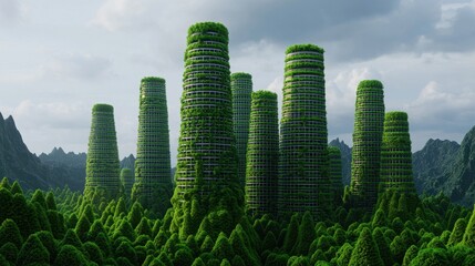 Wall Mural - Futuristic Eco-Friendly Skyscrapers Surrounded by Lush Greenery