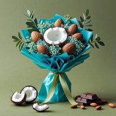 Wall Mural - A coconut almond chocolate bouquet aquamarine on plain olive background