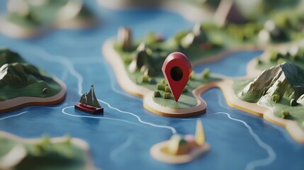 Aufkleber - 3D Aerial Map View of Scenic Coastal Landscape with Transportation Routes and Navigational Pointers  Concept of strategic planning for business research and education