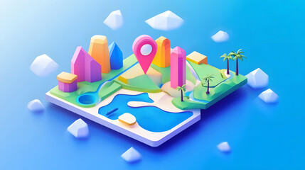 Aufkleber - 3D digital map interface displaying navigation pins landmarks and location indicators on a tablet device  Concept for travel planning navigation and location based services and applications