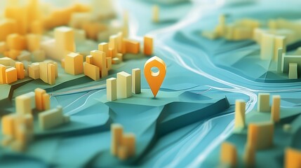 Poster - 3D digital map model representation of a modern futuristic city skyline with skyscrapers and high rise buildings featuring GPS navigation pins and markers for urban planning