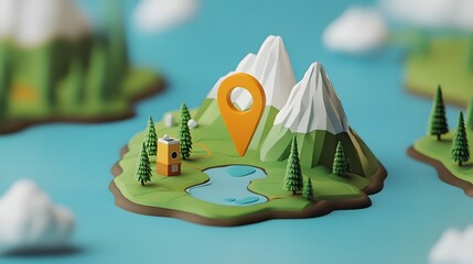 Aufkleber - 3D geometric abstract landscape with mountain peaks lake and navigation pin pointer for travel adventure and business destination concept  Minimalist modern digital design with flat shapes and colors