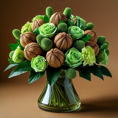 Wall Mural - A creamy walnut chocolate bouquet lime green on plain bronze background