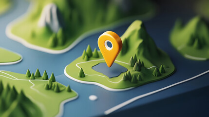 Aufkleber - 3D illustrated digital map with navigation pointer icon on a lush scenic green forest and mountain landscape background  Concept of adventure tourism travel planning and