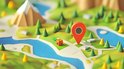 Aufkleber - 3D illustrated map with detailed mountain landscape lush forest and winding river featuring a prominent location pin or marker to represent a travel destination or point of interest