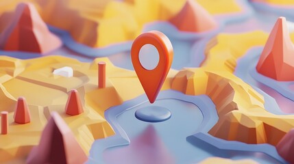 Aufkleber - 3D Map Navigation Concept with Location Pin Marker on Colorful Landscape Background  Digital Wayfinding and Positioning Technology for Travel Tourism and Business Planning