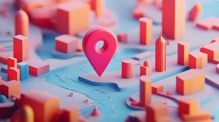 Poster - 3D of a Modern City Map with Skyscrapers and a Prominent GPS Location Marker Pinpointing a Specific Landmark or Destination in the Urban Landscape
