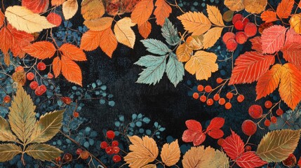 Wall Mural - Autumnal Leaves and Berries: A Darkly Romantic Fall Tapestry