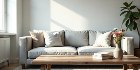 Poster - Sunlight streams into a minimalist living room, illuminating a light-colored sofa and wooden coffee table adorned with a vase of flowers and books.