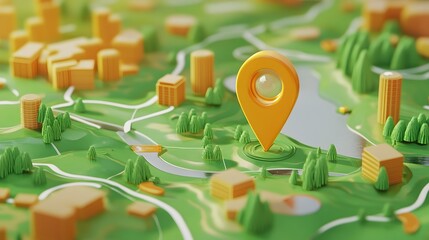 Poster - 3D rendered aerial view of a detailed landscape map with GPS location pins navigation icons and topographic features  The map showcases a rural and urban environment with roads trails