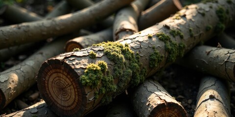 Aufkleber - A Close-Up View of Sunlit Tree Trunks with Lush Green Moss Growth