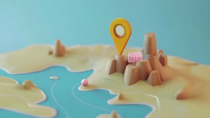 Aufkleber - 3D rendered minimalist map pointer symbol on scenic mountainous landscape background with abstract blue yellow and brown geometric shapes  Concept for travel adventure tourism and