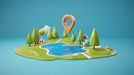 Aufkleber - 3D rendered map pointer icon hovering over a vibrant minimalist landscape scene with trees lake and other natural elements  Concept of digital cartography