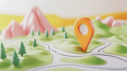 Aufkleber - 3D rendered of a mountainous landscape with a vibrant orange GPS navigation pin or pointer icon representing the concept of digital travel outdoor wayfinding technology