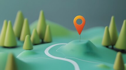 Aufkleber - 3D Rendered Mapping Landscape with Navigation Pin Marker on Green Hills and Trees  Digital Visualization of Wayfinding Signage and Scenic Outdoor Concept