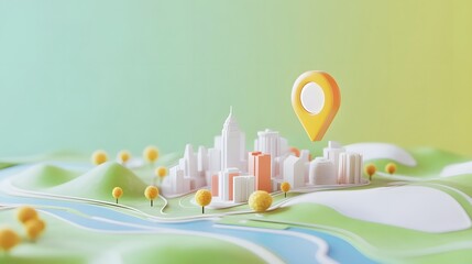 Poster - 3D rendering of a dynamic growing city skyline with skyscrapers and buildings featuring a navigation marker pinpointing a specific location on the digital map  Concept of urban planning