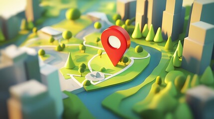 Aufkleber - 3D rendered visualization of a red map pin icon placed on a winding path or road cutting through a lush green hilly landscape environment
