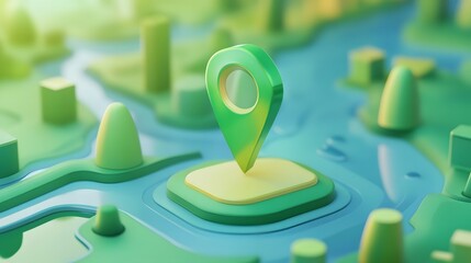 Aufkleber - A 3D rendered green map marker pin icon on an abstract minimalist landscape background with geometric shapes and patterns  The image represents and digital mapping concepts