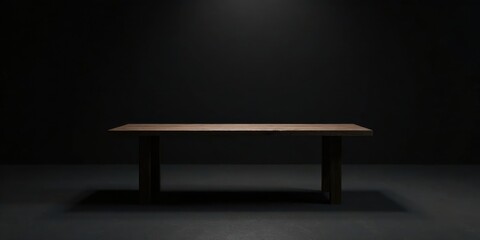 Poster - Dark Wooden Table Against Black Background, Ideal for Product Display or Minimalist Composition