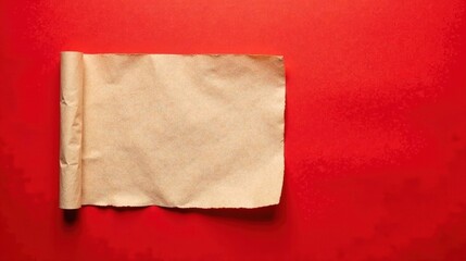 Poster - Unfurled parchment scroll on vibrant red backdrop, presenting a blank canvas for written expression or artistic design