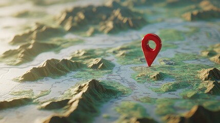Aufkleber - A digital 3D rendering of a detailed topographic mountain map with a prominent red marker pin highlighting a specific location