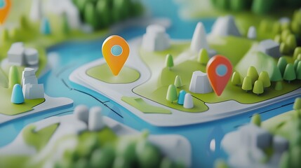 Aufkleber - A stylized 3D map featuring colorful terrain roads and GPS location markers highlighting various travel routes landmarks and destinations  The minimalist digital art style creates a modern